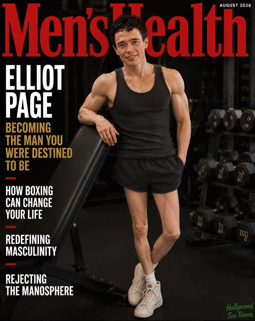 A Men's Health magazine cover showing a man resembling Elliot Page in a black tank top and shorts, posed in a gym setting.