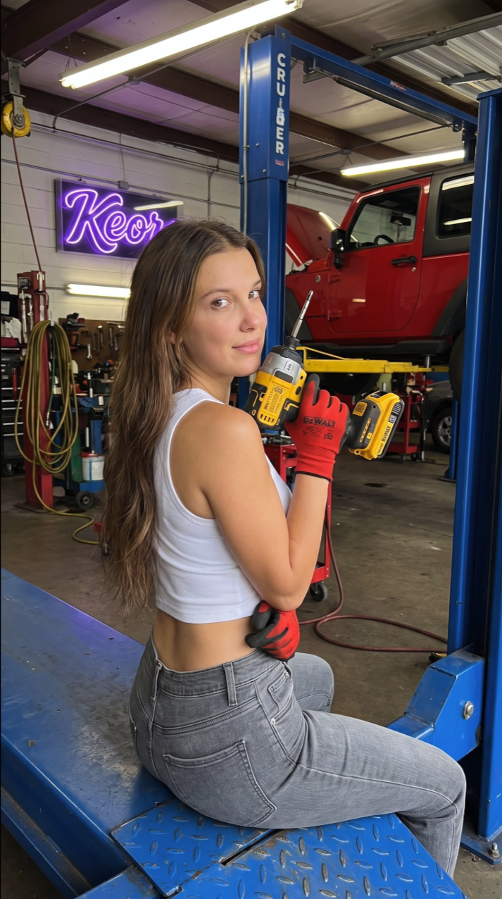A woman resembling Millie Bobby Brown seated on a blue car lift holding a DeWalt power tool in an auto shop.