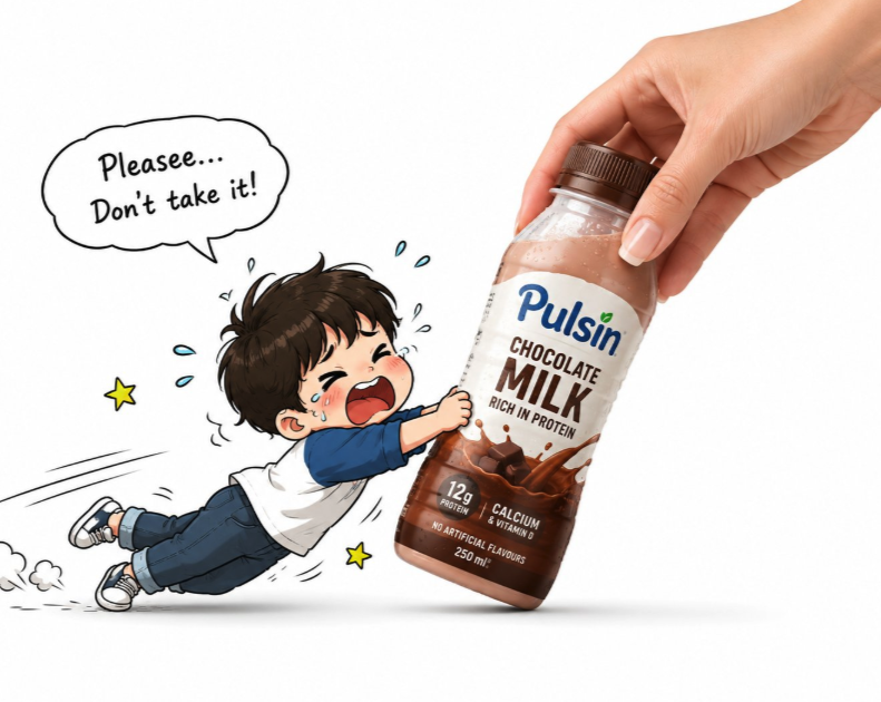 An illustrated child crying and reaching for a bottle of Pulsin chocolate milk held by an adult hand.