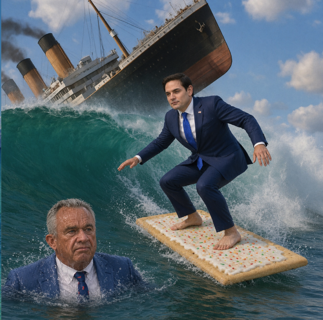 A man resemblingMarco Rubio in a blue suit balances on a frosted pastry amid ocean waves, with a sinking ocean liner behind him and a man resembling Dylan Sprayberry in the water.