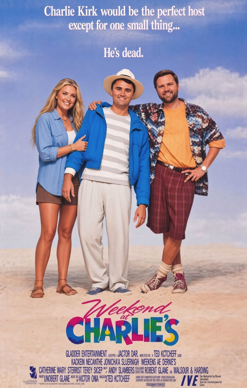 Three people posed on a beach resembling the Weekend at Bernie's poster, with the central figure resembling Charlie Kirk held upright between two companions.