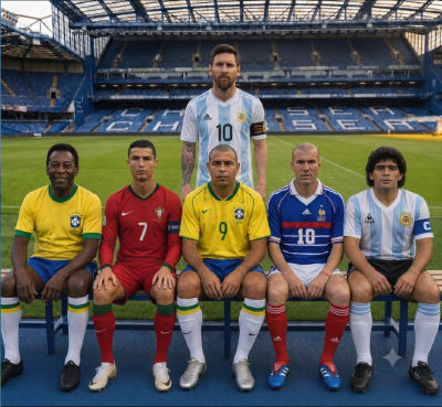 AI-generated image of Pelé, Cristiano Ronaldo, Ronaldo, Zidane, Messi, and Maradona at Chelsea's Stamford Bridge