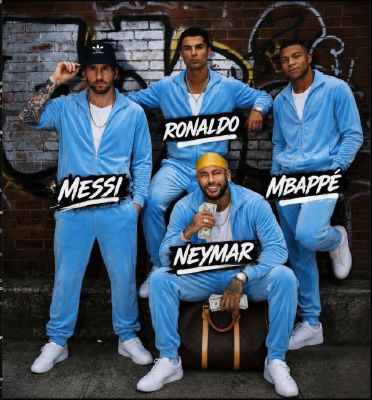 AI-generated image of Messi, Ronaldo, Mbappé, and Neymar posing together in matching tracksuits