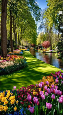 AI-generated garden landscape with tulip beds and a stream