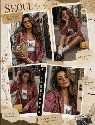 AI-generated 'Seoul' scrapbook collage of a woman in plaid suit
