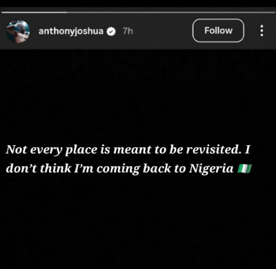 AI-generated post attributed to Anthony Joshua saying he won't return to Nigeria