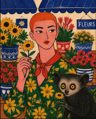 AI-generated illustration of a person with lemur at flower shop