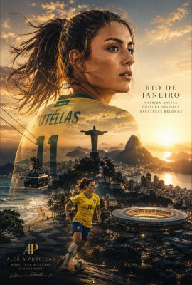 AI-generated poster of Alexia Putellas set against Rio de Janeiro landmarks