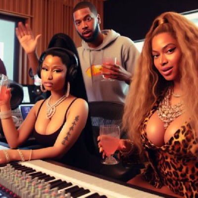 AI-generated image of Nicki Minaj and Beyoncé in a recording studio