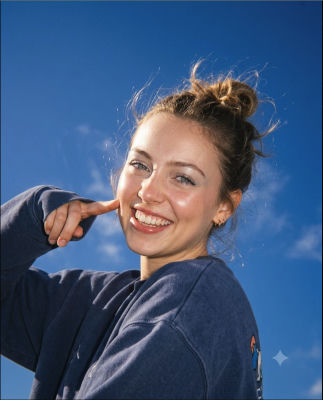 AI-generated portrait of a smiling woman against a blue sky