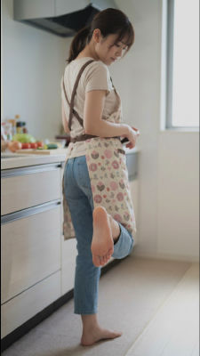 AI-generated image of a woman barefoot in a kitchen