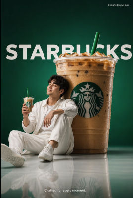 AI-generated image of a man in a Starbucks-styled concept advertisement