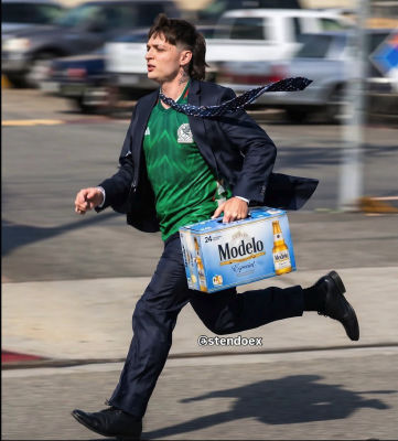 AI-generated image of Peso Pluma running with a case of Modelo beer in a suit and Mexico jersey