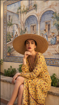AI-generated portrait of a woman in front of Portuguese azulejo tiles