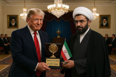 AI-generated image of Donald Trump receiving an 'Employee of the Month' award from an Iranian cleric
