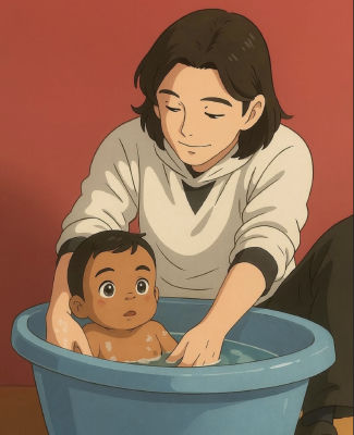 AI-generated illustration of Lamine Yamal bathing a baby