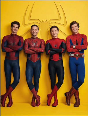 AI-generated Spider-Man lineup of Tobey Maguire, Tom Holland, Andrew Garfield, and a fourth figure
