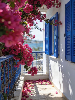 AI-generated image of a Mediterranean balcony with bougainvillea and blue shutters