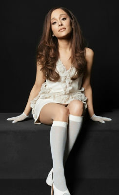 AI-generated image of Ariana Grande in a white dress photoshoot