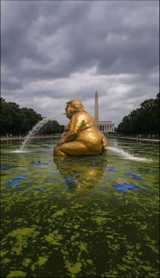 AI-generated image of golden Donald Trump statue at the National Mall reflecting pool