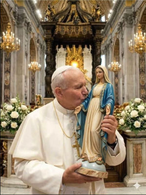 AI-generated image of Pope John Paul II holding a statue of the Virgin Mary