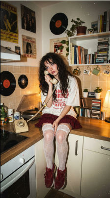 AI-generated photo of an unidentified woman in a retro kitchen holding a vintage phone