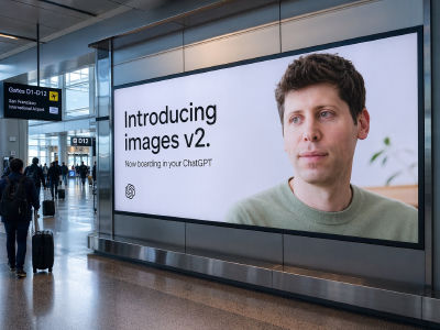 AI-generated portrait of Sam Altman in ChatGPT Images v2 advertisement