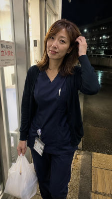 AI-generated image of a woman in medical scrubs outside a Japanese building at night