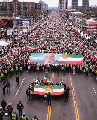 AI-generated image of a large Iranian political rally with crowds waving flags