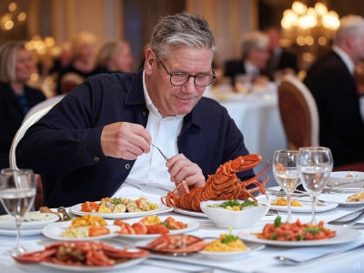 AI-generated image of Keir Starmer eating lobster at a formal dinner