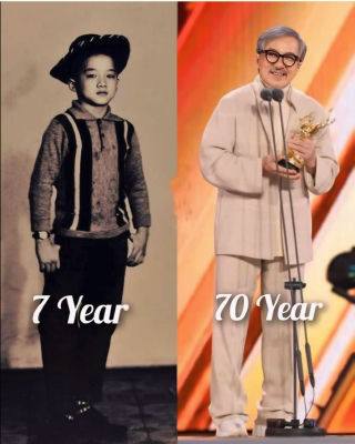AI-generated 'then and now' comparison of Jackie Chan at age 7 and 70