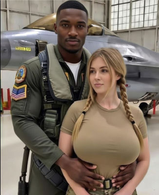 AI-generated image of a couple posing in front of a fighter jet