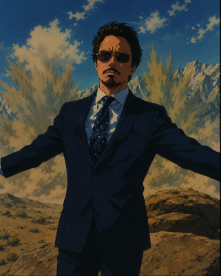 AI-generated illustrated portrait of Tony Starks in a pinstripe suit