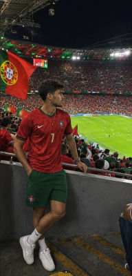 AI-generated image of a fan in a Portugal jersey at a football stadium