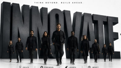 AI-generated team image of group of people walking before 'INNOVATE' lettering