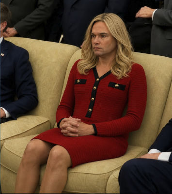Deepfake of Marco Rubio depicted in a red dress at an official setting
