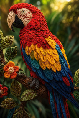 AI-generated crocheted scarlet macaw on a branch