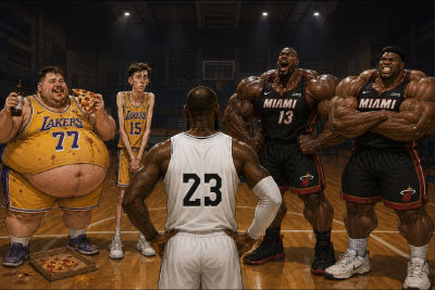 AI-generated illustration of Lakers and Miami Heat players facing off on a basketball court