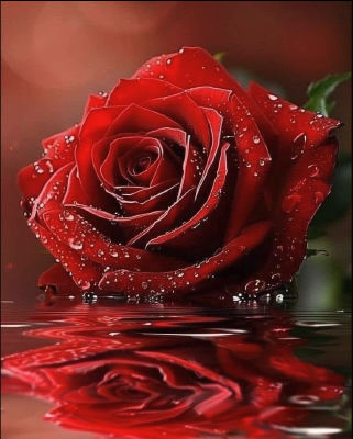 AI-generated image of a red rose with water droplets