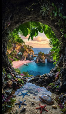AI-generated tropical beach scene viewed from a sea cave with starfish in a tide pool