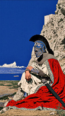 AI-generated illustration of an ancient warrior overlooking a coastal landscape