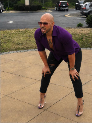 AI-generated image of a bald man in a purple shirt and clear high heels