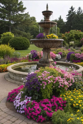 AI-generated image of a tiered stone fountain in a flower garden