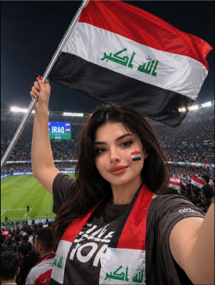 AI-generated image of a woman holding an Iraqi flag at a stadium