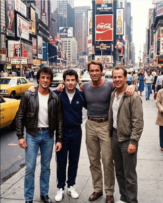 AI-generated image of Stallone, Travolta, Schwarzenegger, and Willis in 1980s Times Square