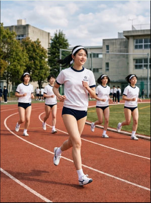AI-generated image of young women in Japanese school PE uniforms running on a track
