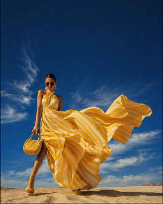 AI-generated image of a woman in a flowing yellow striped dress in a desert