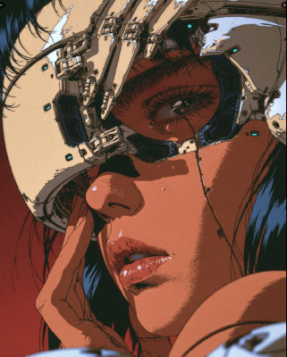 AI-generated cyberpunk portrait of a woman with mechanical facial implants