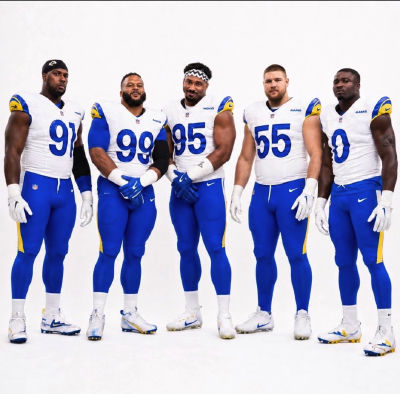 AI-generated image of Aaron Donald, Myles Garrett, Jay Prosch, and Frank Acheampong in Los Angeles Rams uniforms