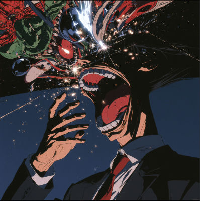 AI-generated anime-style illustration of a screaming character in a suit